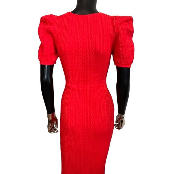Ronny Kobo Red Knit Midi Dress Puff Sleeve Square Neck Stretch Bodycon Designer - Picture 9 of 11